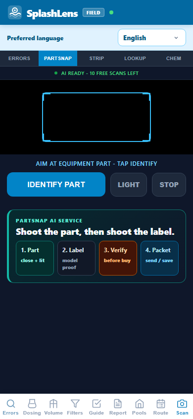 SplashLens PartSnap camera workflow with part, label, verify, and packet steps